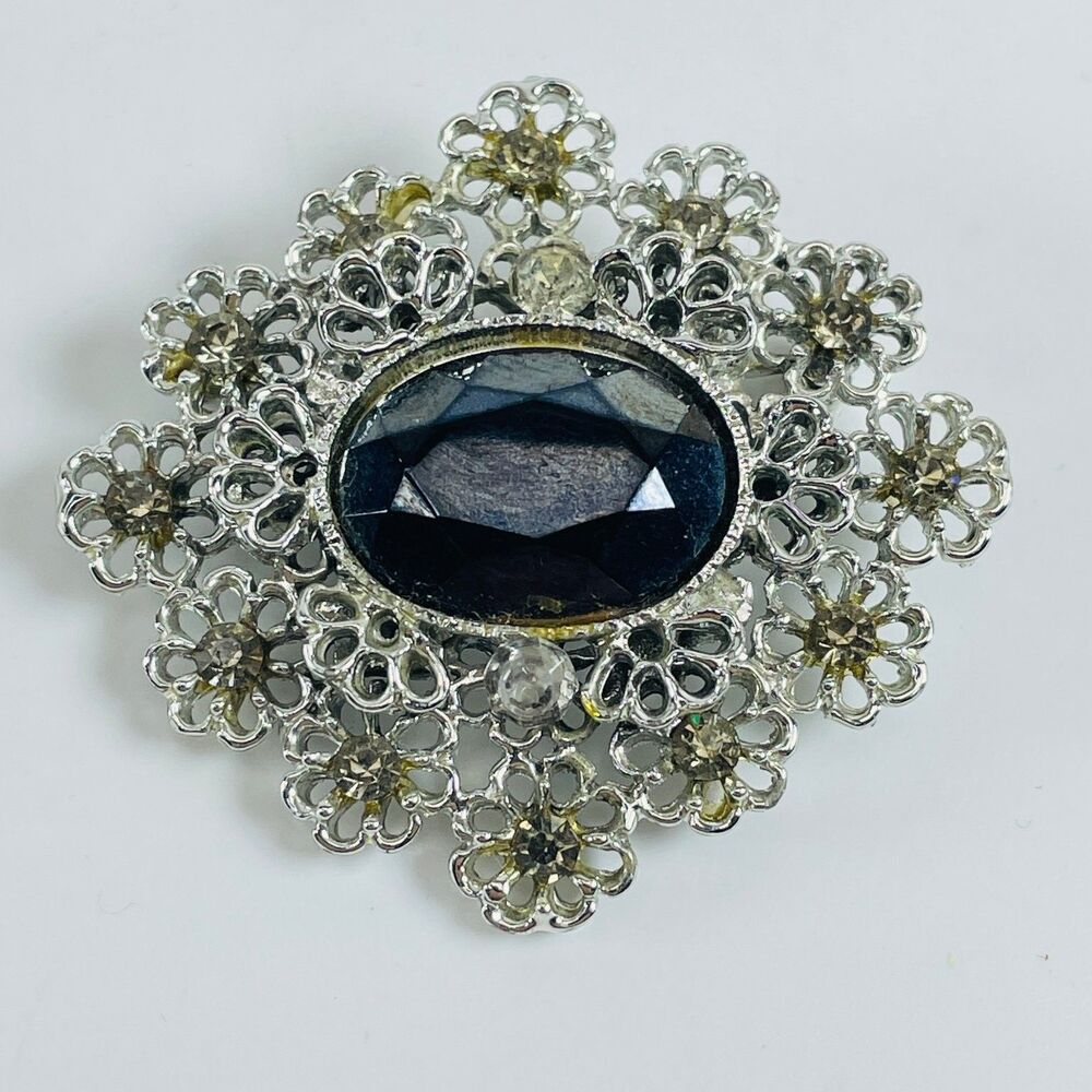 Vintage Ornate Floral Filigree Brooch Pin 1.75in Black Oval Rhinestone Silver